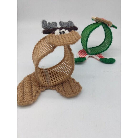 Vintage Christmas Holiday Napkin Rings Plastic Canvas Needlepoint Elf & Reindeer - Picture 4 of 8